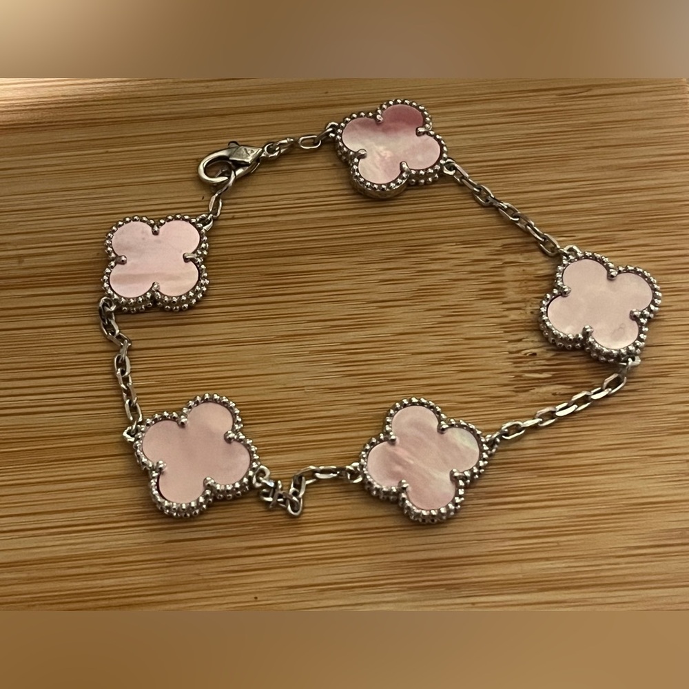 925 silver  Clover pink Charm Bracelet 7.5 in NEW - Picture 3 of 11